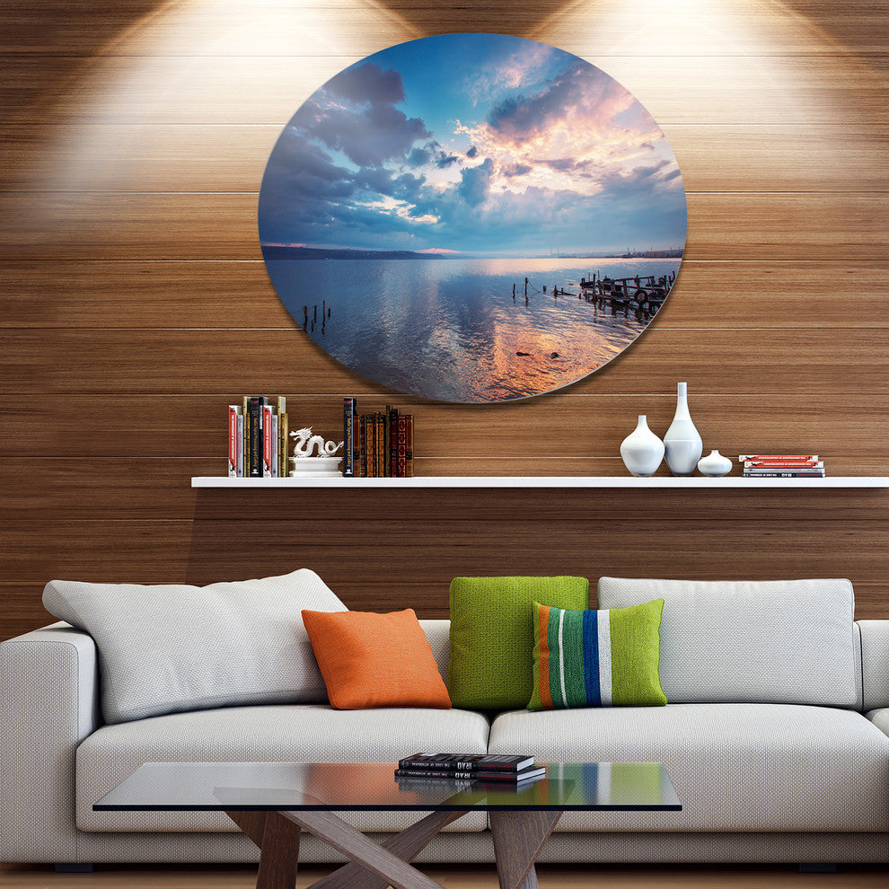 Dramatic Sky Over Sunset Lake, Landscape Disc Metal Wall Art, 36"