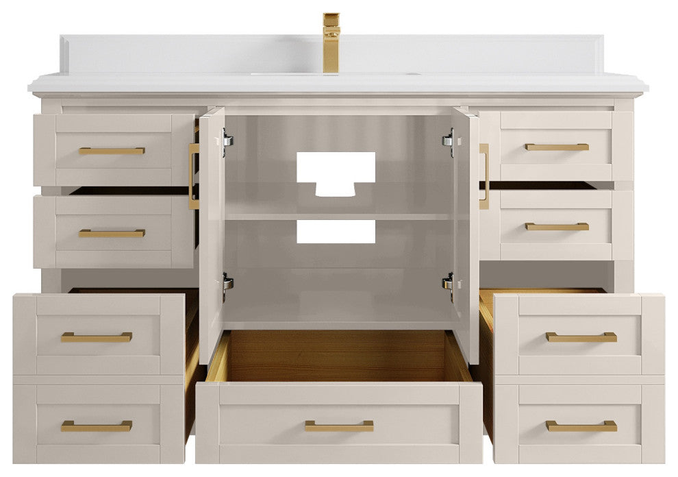 Boston 60" Single Bathroom Vanity in Fine Grain 1.5" White Quartz
