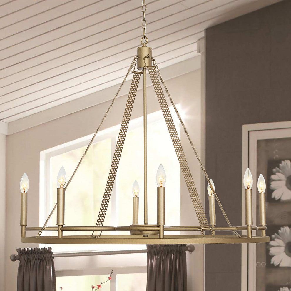 8 Light Wagon Wheel Candle Style Chandelier, Brass Dust
