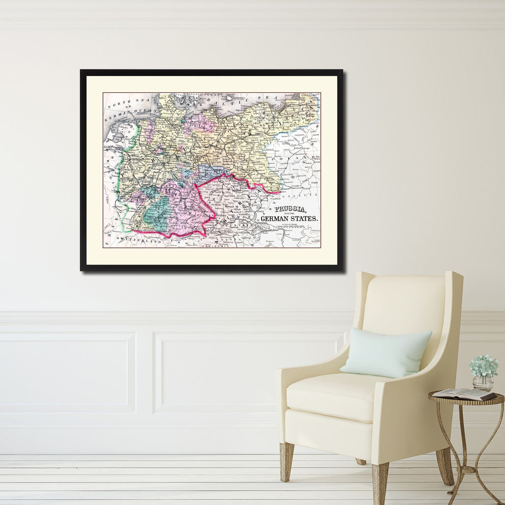 Prussia, Germany Vintage Map Print On Canvas With Picture Frame 28" X 37"