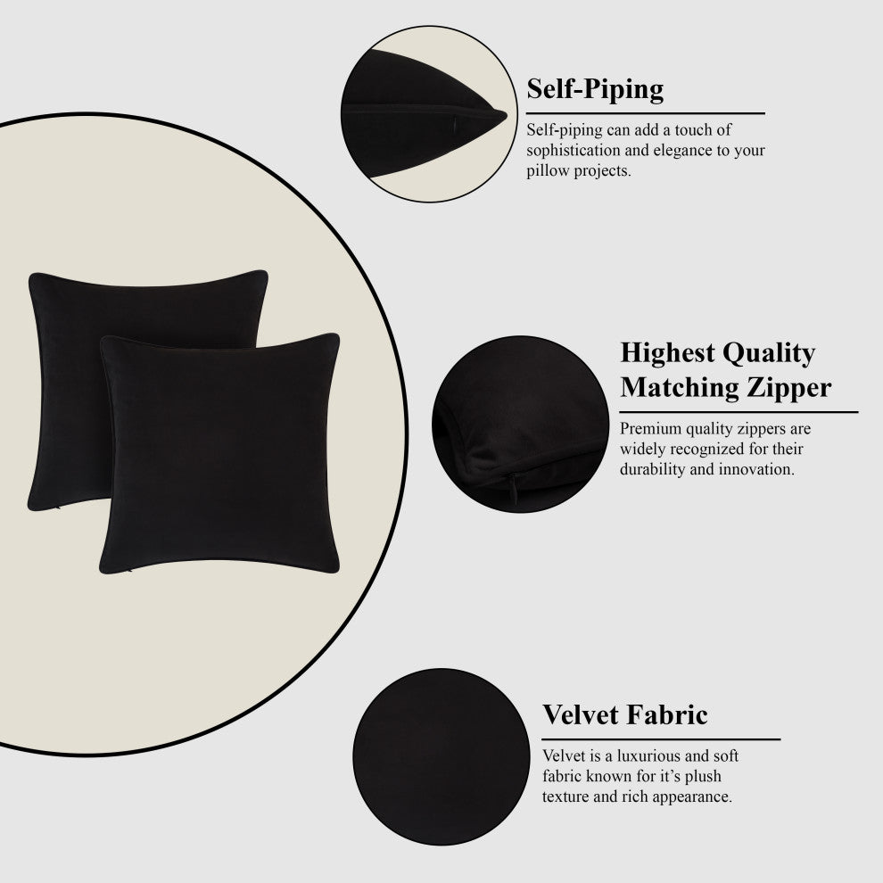 A1HC Soft Velvet Throw Pillow Covers Only, Set of 2, Black, 20"x20"