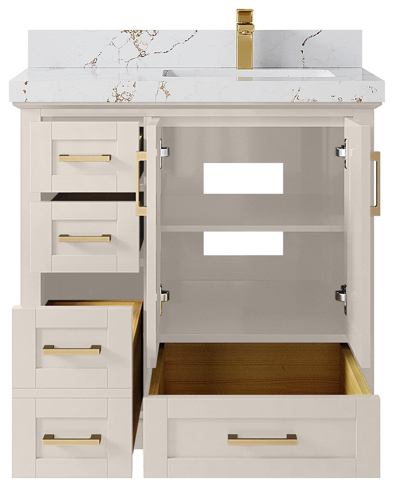 Boston 36" Right Offset Bath Vanity in Fine Grain 2" Viola Gold