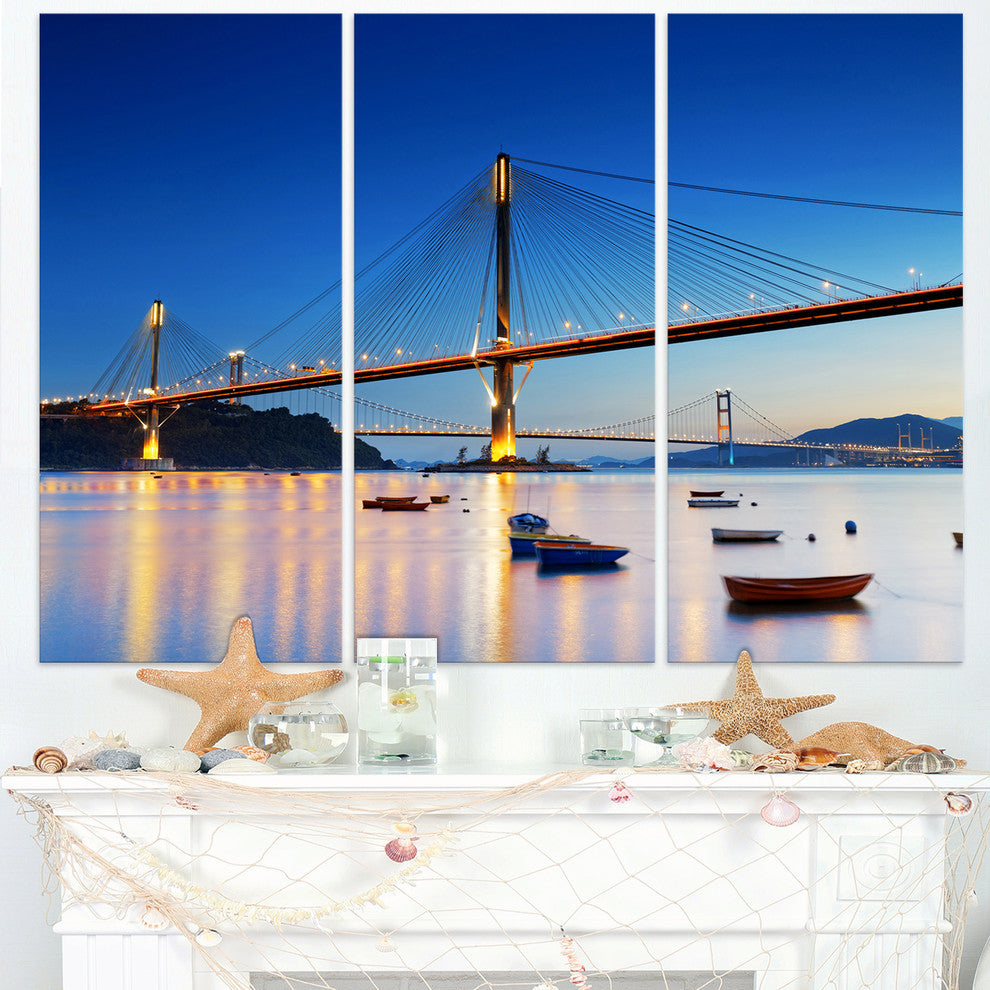 "Hong Kong High Bridge at Night" Sea Bridge Metal Wall Art, 3 Panels, 36"x28"
