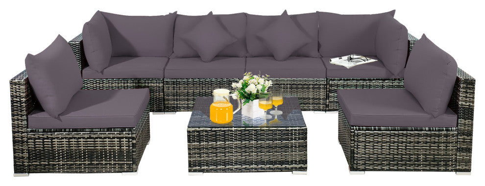 Costway 7PCS Patio Rattan Furniture Set Sectional Sofa Garden Gray Cushion