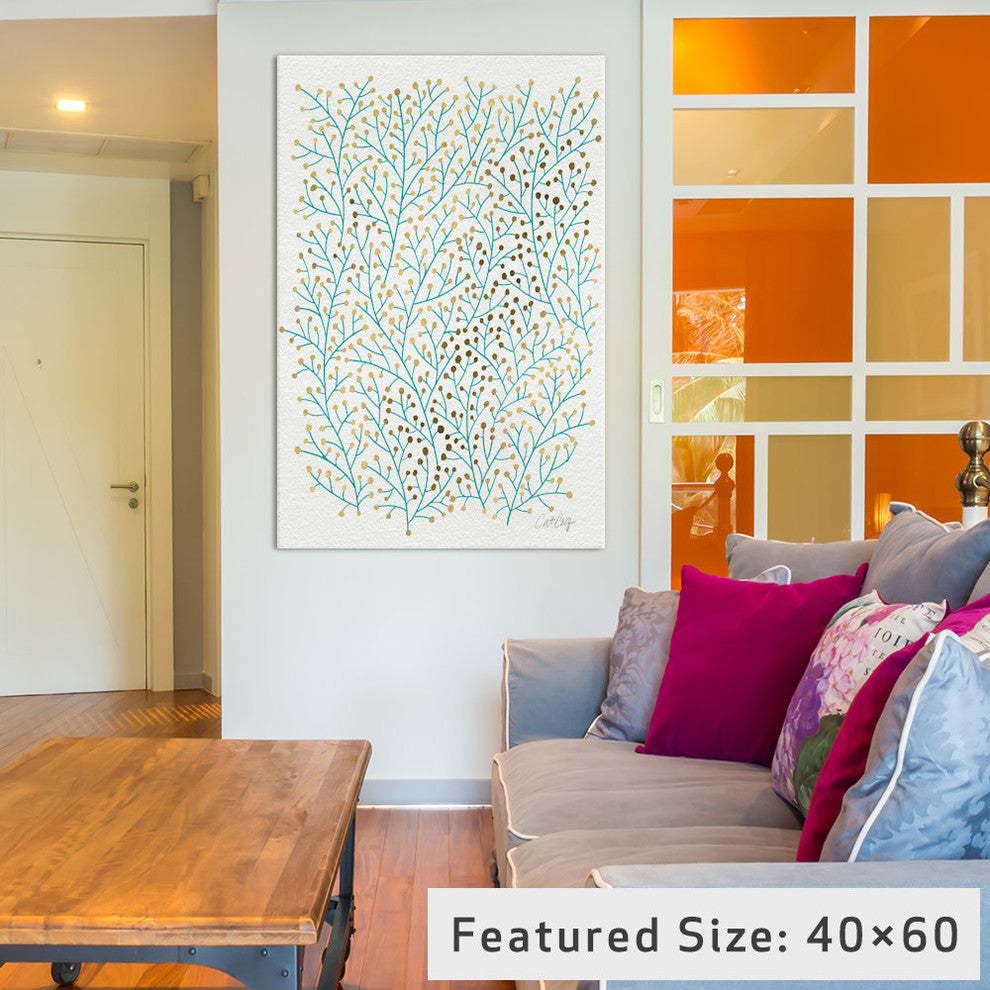 "Berry Branches Gold Turquoise Artprint" by Cat Coquillette, 40x26x1.5