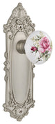 Victorian Plate Privacy White Rose Poreclain Door Knob, Satin Nickel