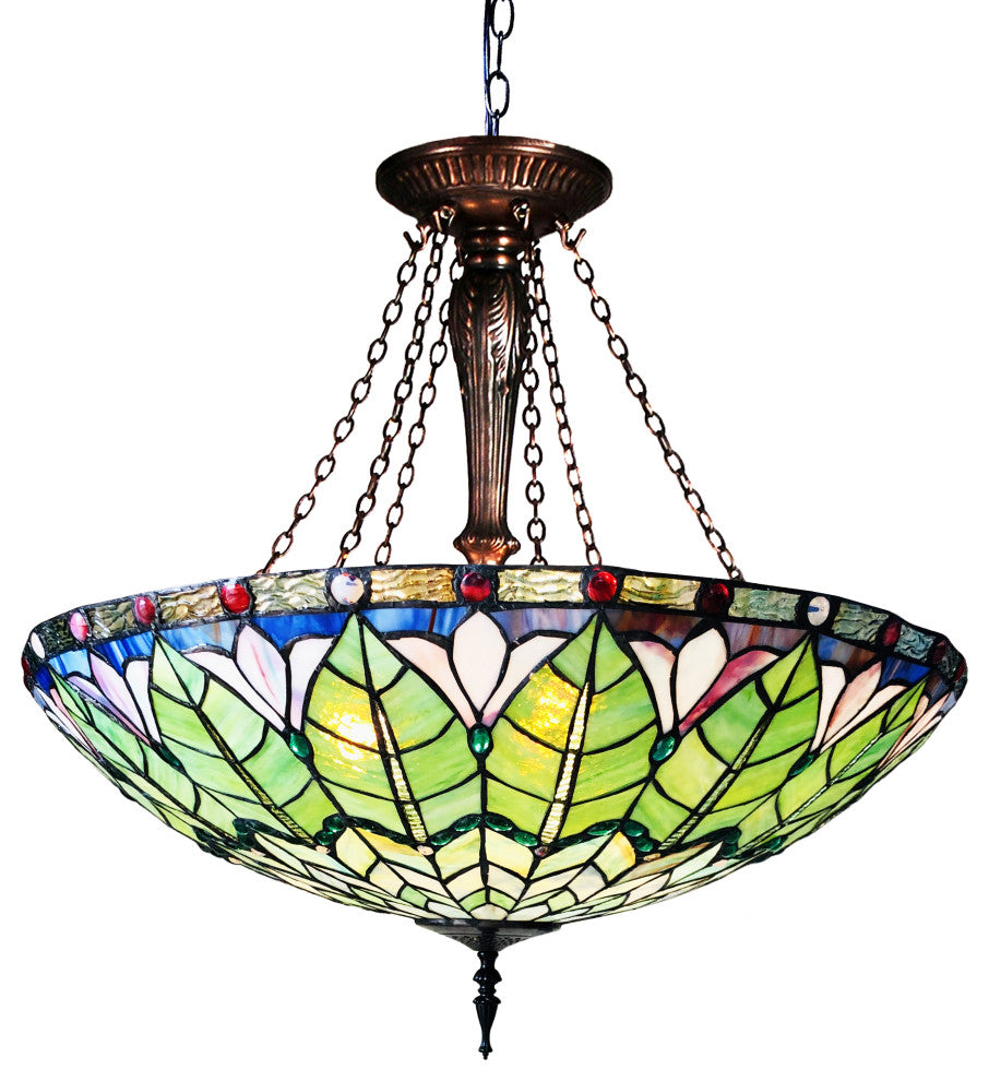 LOTUS Tiffany-Style Geometric Stained Glass Inverted Ceiling Pendant, 28"