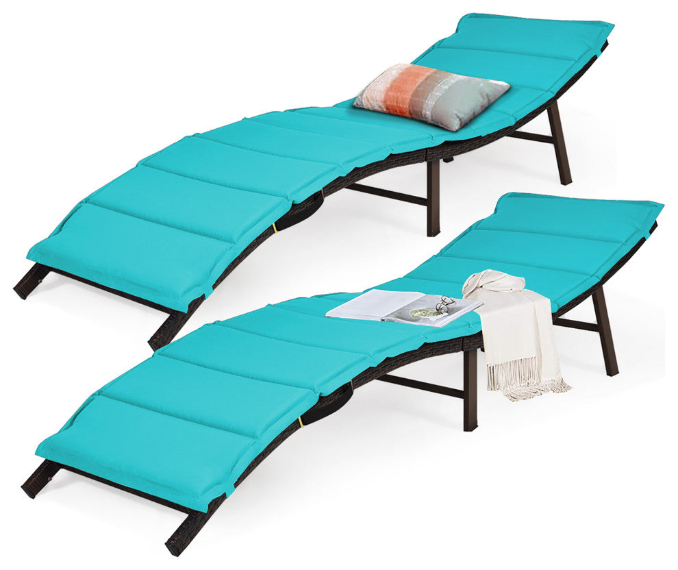 Costway 2PCS Patio Rattan Folding Lounge Chair Chaise Cushions Turquoise