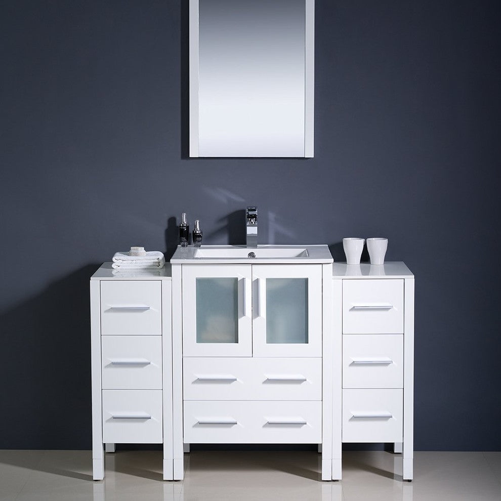 Torino 48" White Modern Bathroom Vanity With 2 Side Cabinets, FFT9151CH