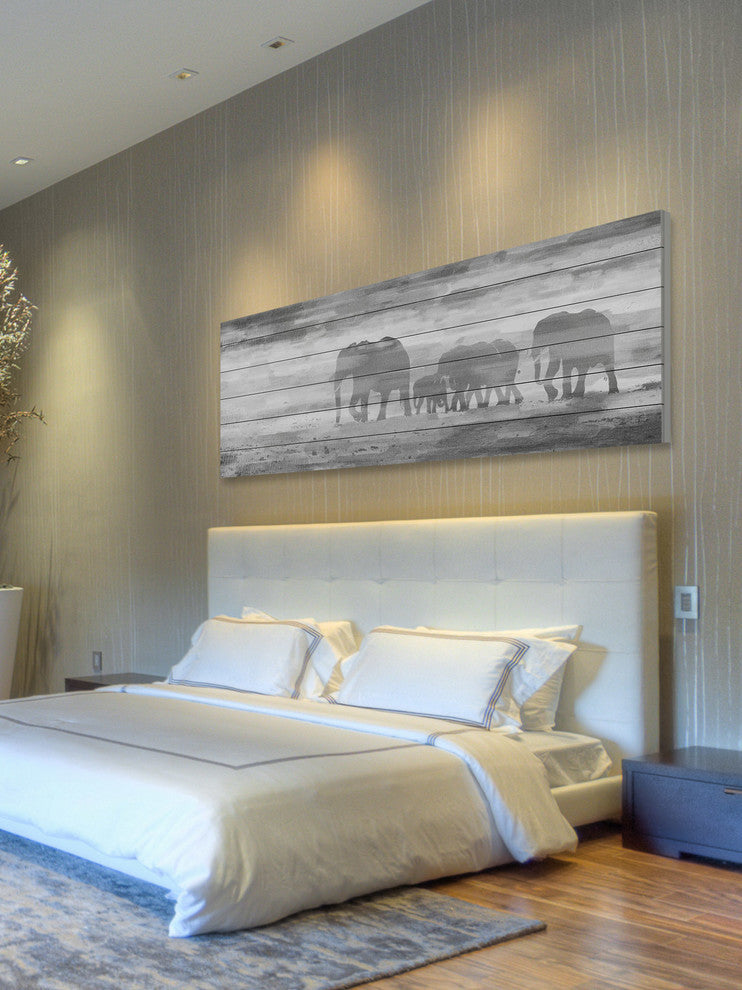 "Parade of Tusks" Painting Print on White Wood, 30"x10"