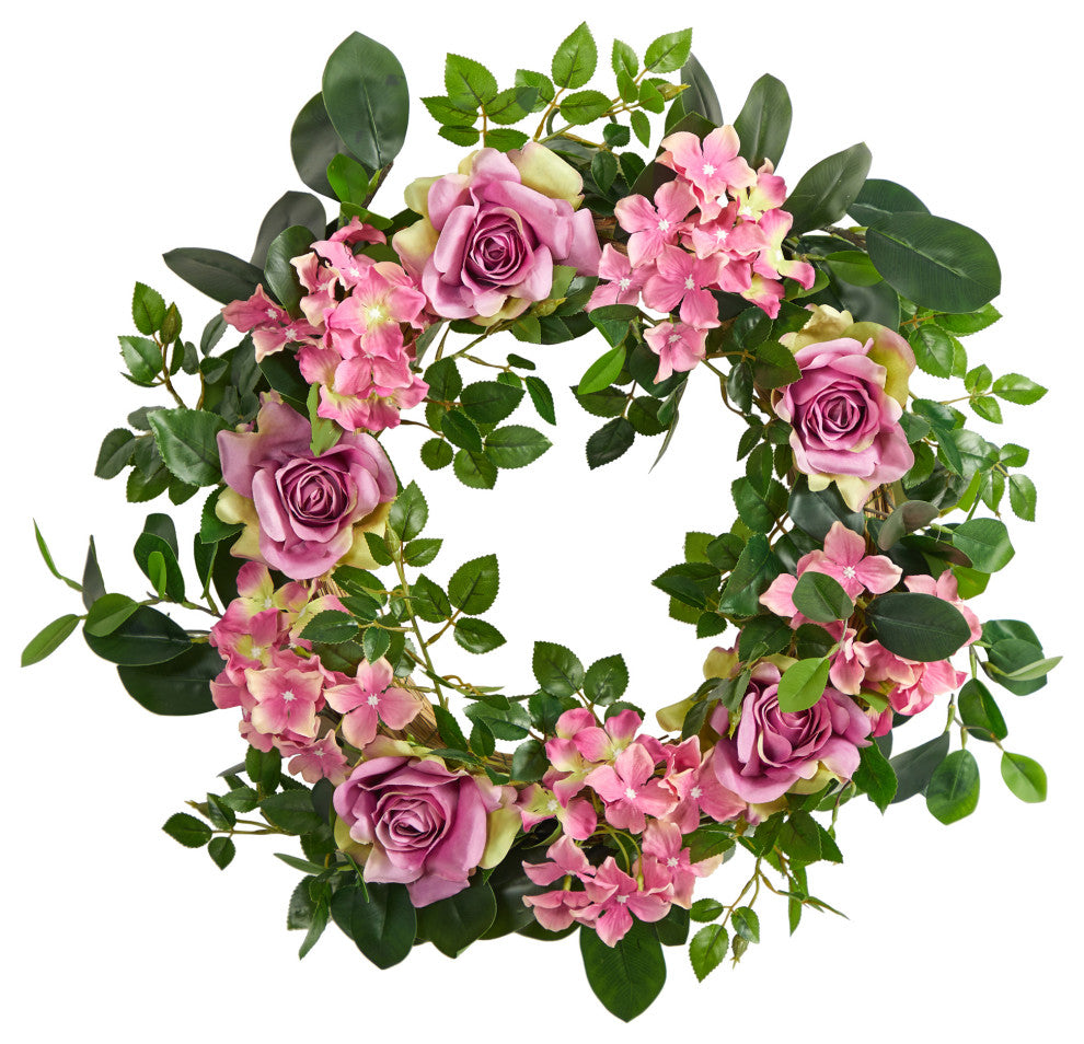 22" Pink Hydrangea and Rose Artificial Wreath