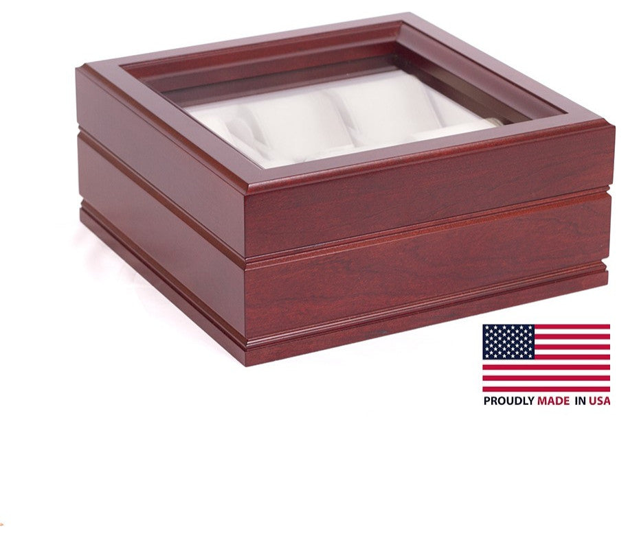 The Lieutenant; SIX Watch, Glass Top Chest featuring 6 Suede "watch pillows", Rich Mahogany