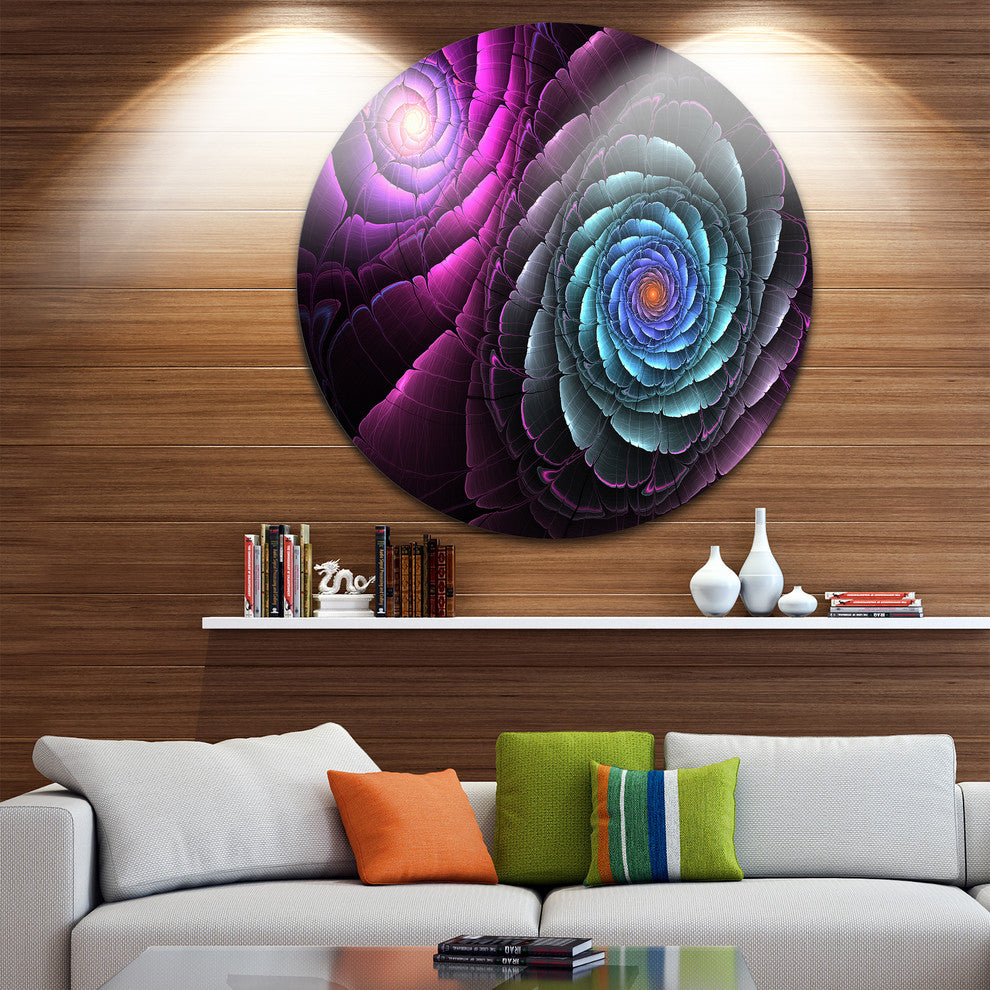 Fractal Blue Purple Flower Digital Art, Floral Disc Metal Wall Art, 36"