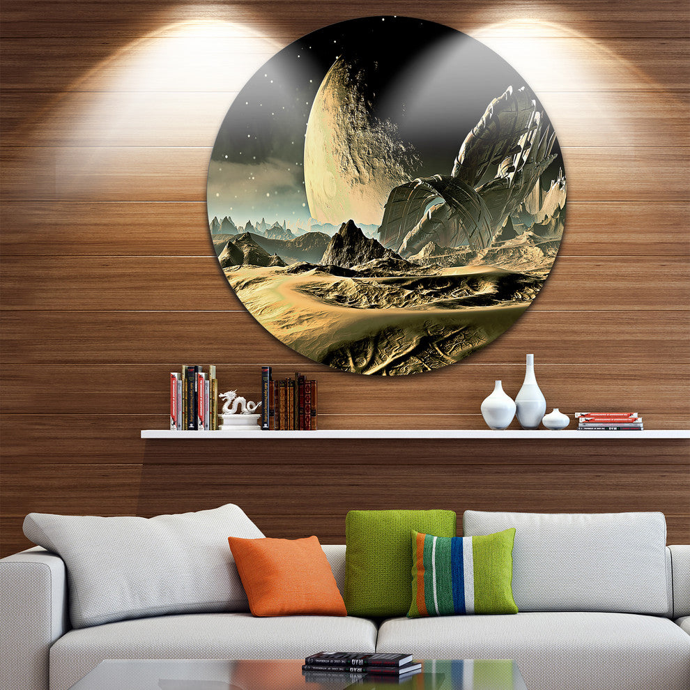 Crashed Spaceship, Contemporary Disc Metal Artwork, 23"