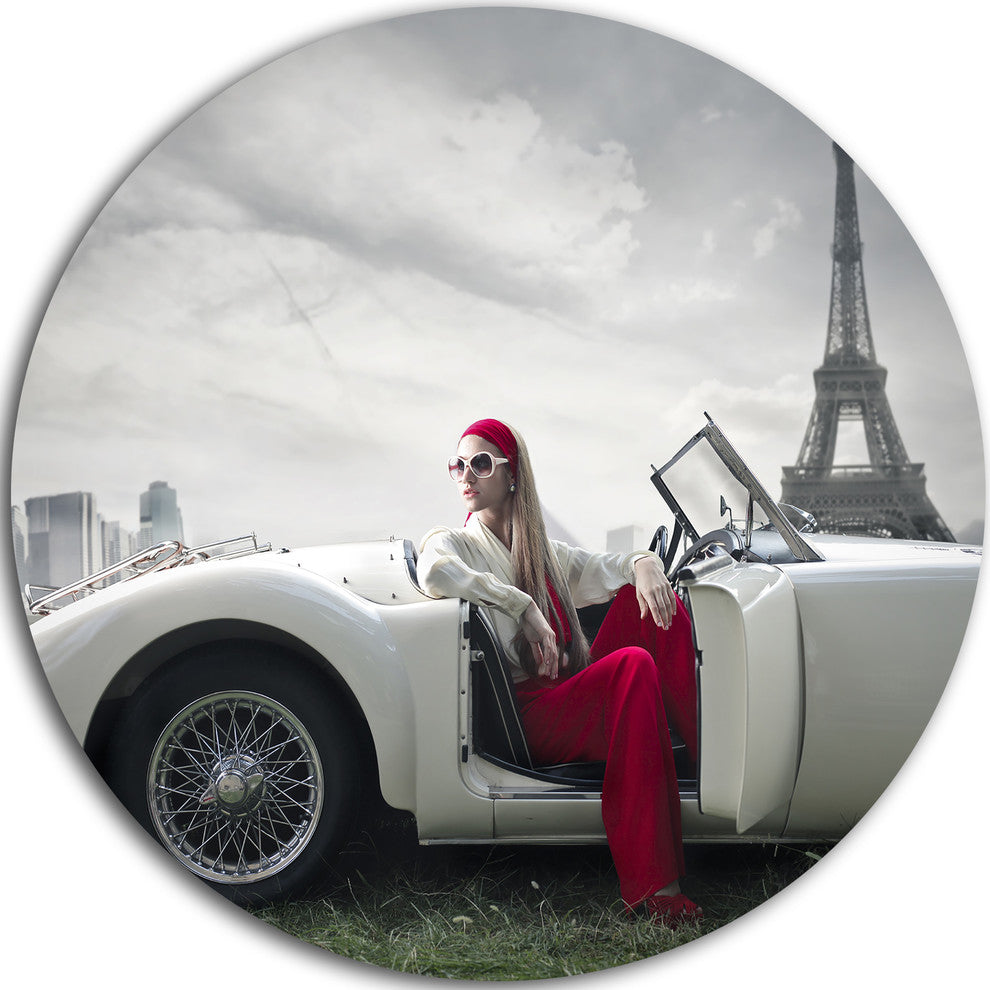 Fashion Woman In Car, Art Car Disc Metal Artwork, 11"