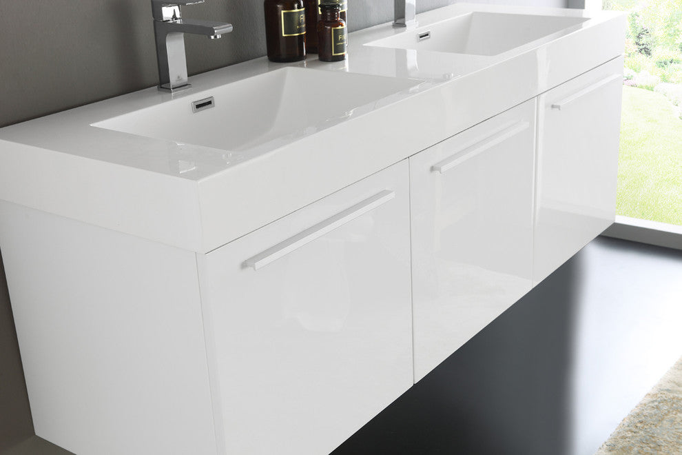 Vista 60" White Wall Hung Double Sink Modern Bathroom Vanity, FFT9151BN