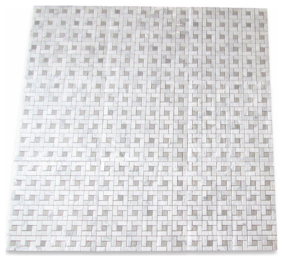 Carrara White Pinwheel Mosaic Venato Marble Tile Gray Dots Polished, 1 sheet