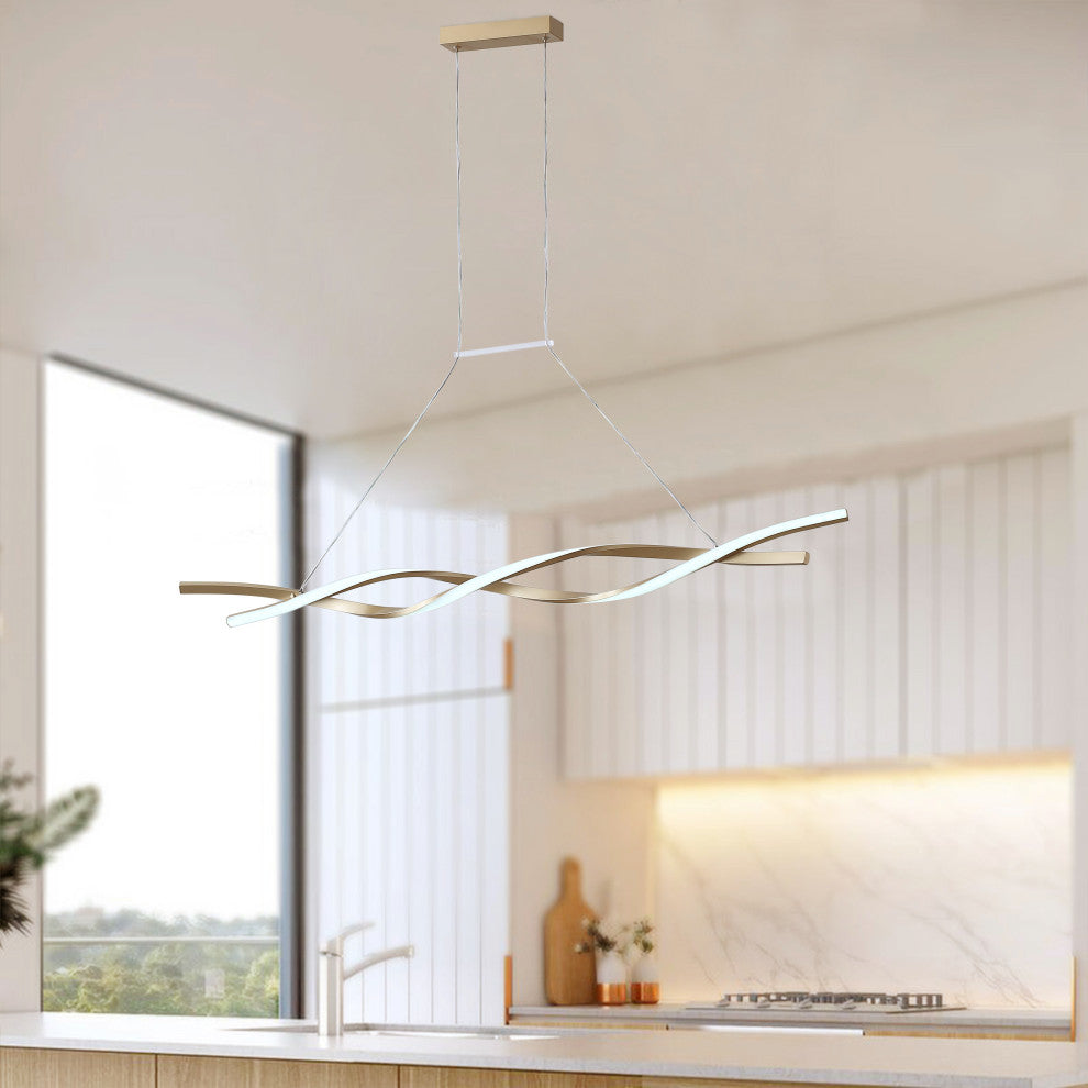 1-Light LED Linear Wavy Pendant Light Chandelier, Gold