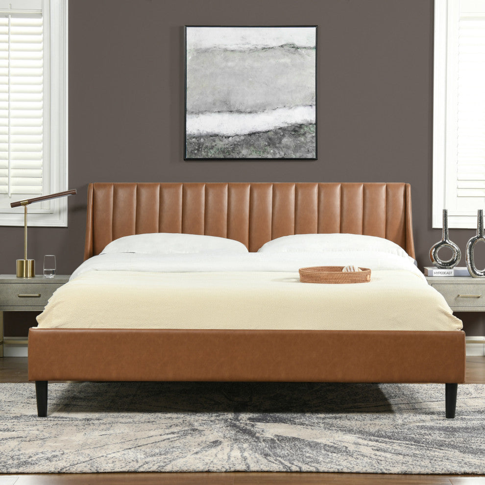 Aspen Modern Vertical Tufted Upholstered Platform Bed, Caramel Tan Brown Faux Leather, King