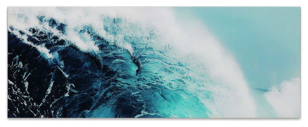 "Blue Wave 1" Wall Art Frameless Free Floating Tempered Glass Print 24" x 63"