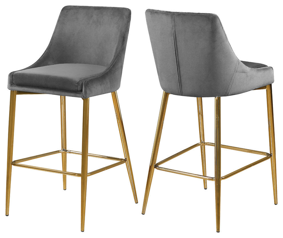 Karina Velvet Stool (Set of 2), Gray, Gold Base