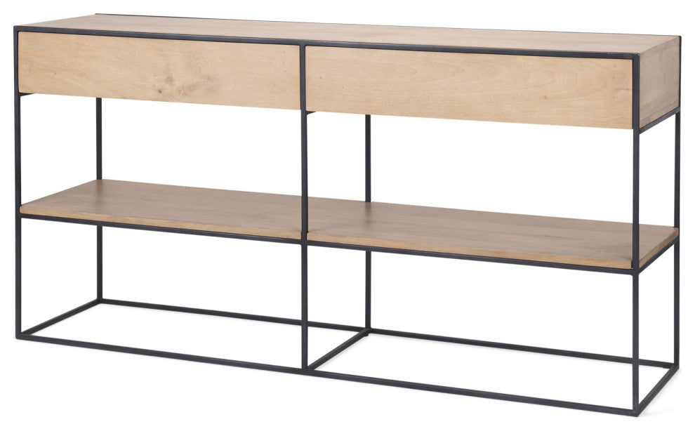 Morris Beige Wood With Black Metal Frame 2 Drawer Console Table