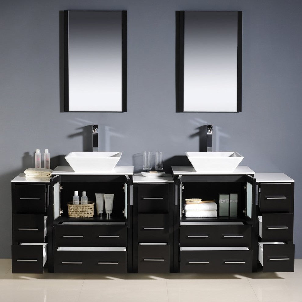 Torino 84" Espresso Modern Double Sink Bathroom Vanity, Faucet FFT9162CH