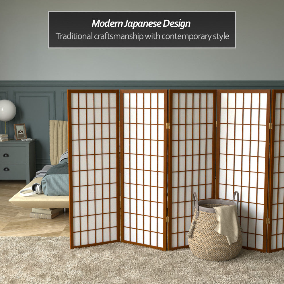 4' Tall Window Pane Shoji Screen, Walnut, 5 Panels