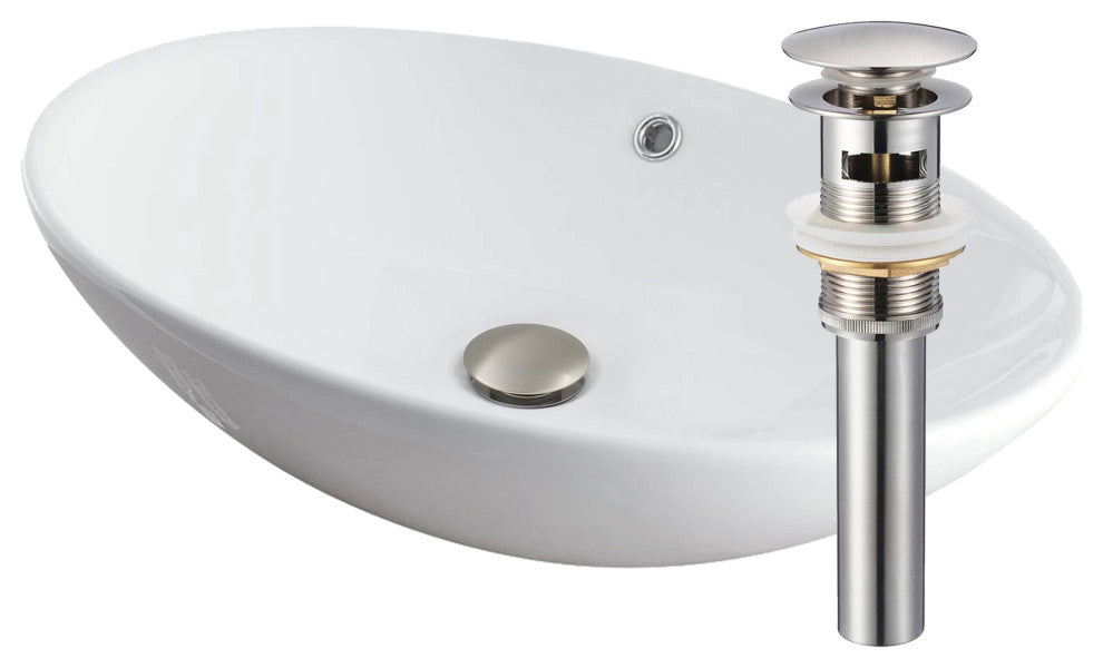 Bianco Uovo Contemporary White Porcelain Vessel Sink with Overflow and Drain, Brushed Nickel