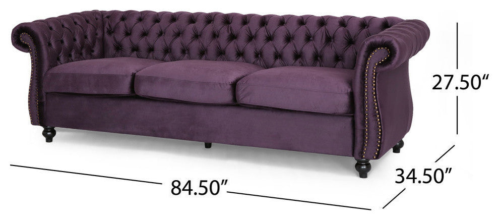 GDF Studio Vita Chesterfield Tufted Jewel Toned Velvet Sofa With Scroll Arms, Blackberry