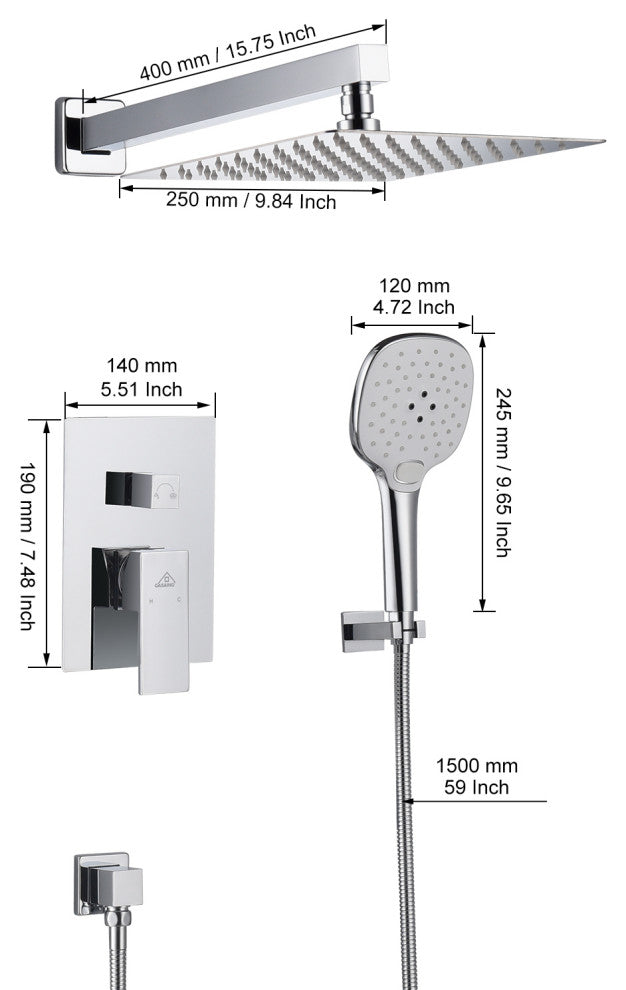 CASAINC 10" Wall Mounted 3 Spray Handheld Rainfall Luxury Shower System Set, Chrome