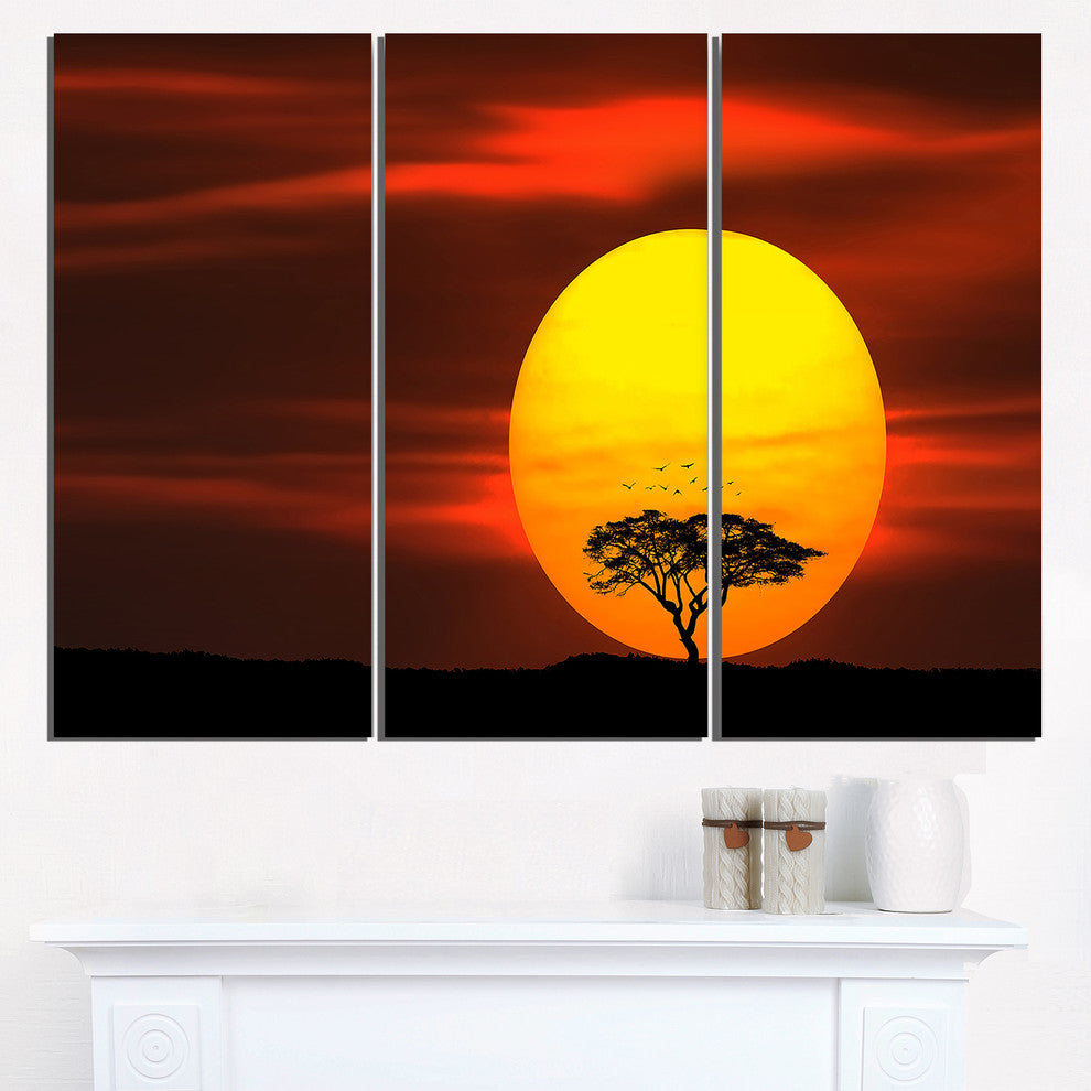 "Lonely Tree With Birds at Sunset" Metal Landscape, 3 Panels, 36"x28"