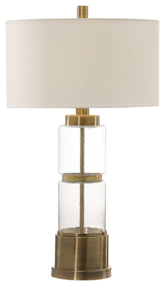 Mid Century Hammered Glass Cylinder Table Lamp, Brass Bronze White Round Clear