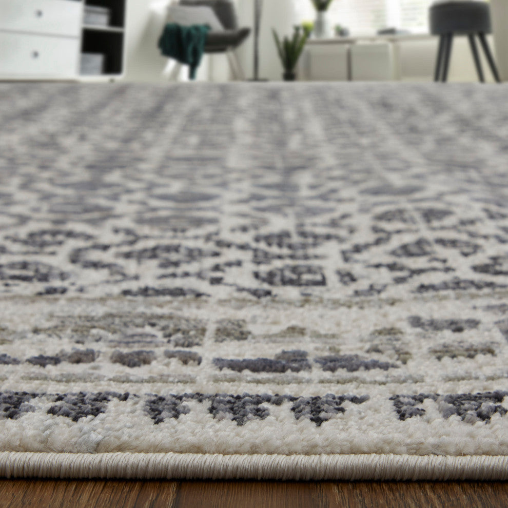 Kiba R3874 Transitional/Bohemian & Casual Area Rug, Gray/Ivory, 7'10"x10'