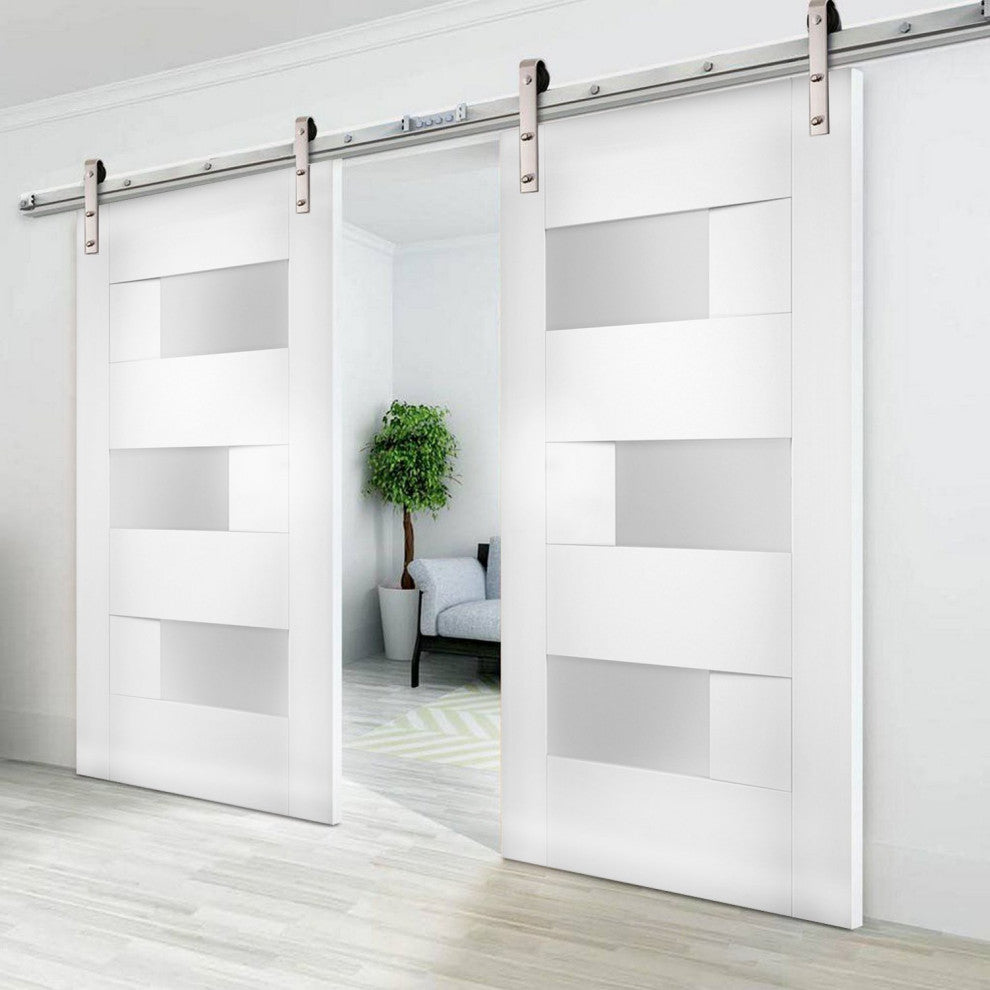 Double Barn Doors Opaque Glass / Sete 6933 White Silk / Silver 13FT Rail, 64" X 80" ( 2* 32x80)