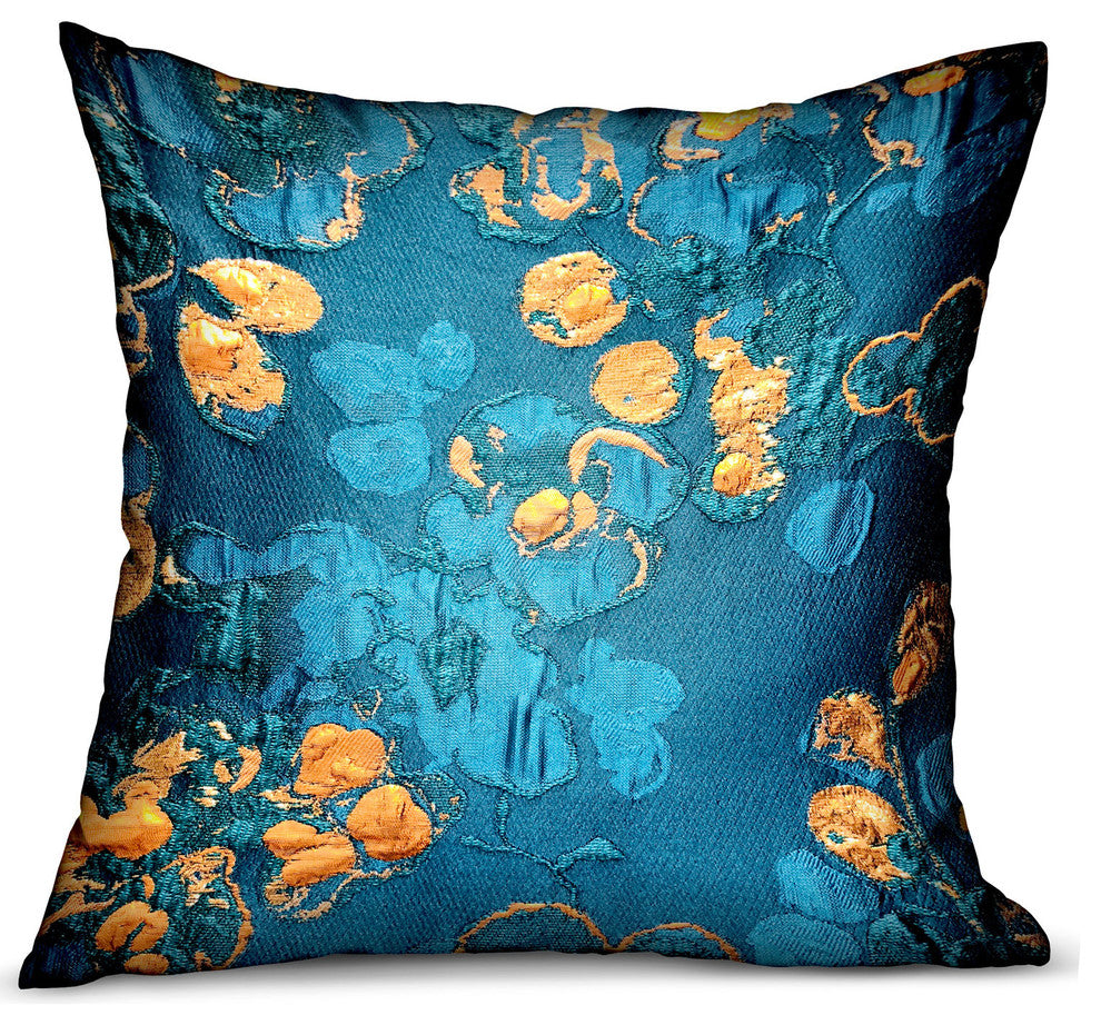 Plutus Bronze Blossom Blue Floral Luxury Throw Pillow, 18"x18"
