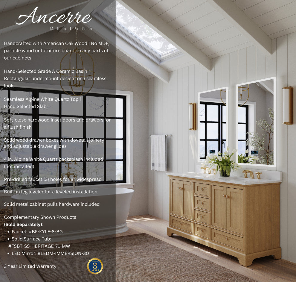 Audrey Vanity Set, Oak, 60", Gold Hardware, White Quartz Top