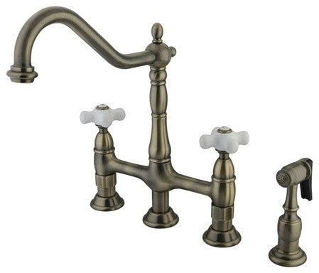Kingston Brass Bridge Kitchen Faucet With Brass Sprayer, Antique Brass
