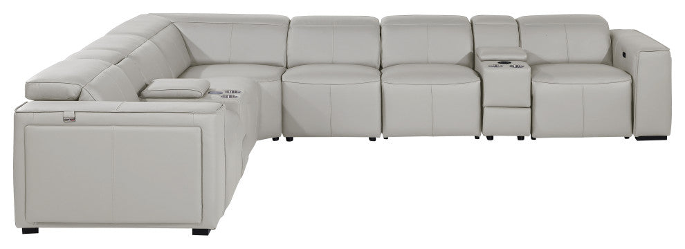 Niccolo Italian Leather 8-Piece L-Shaped Power Reclining Sectional, Light Gray