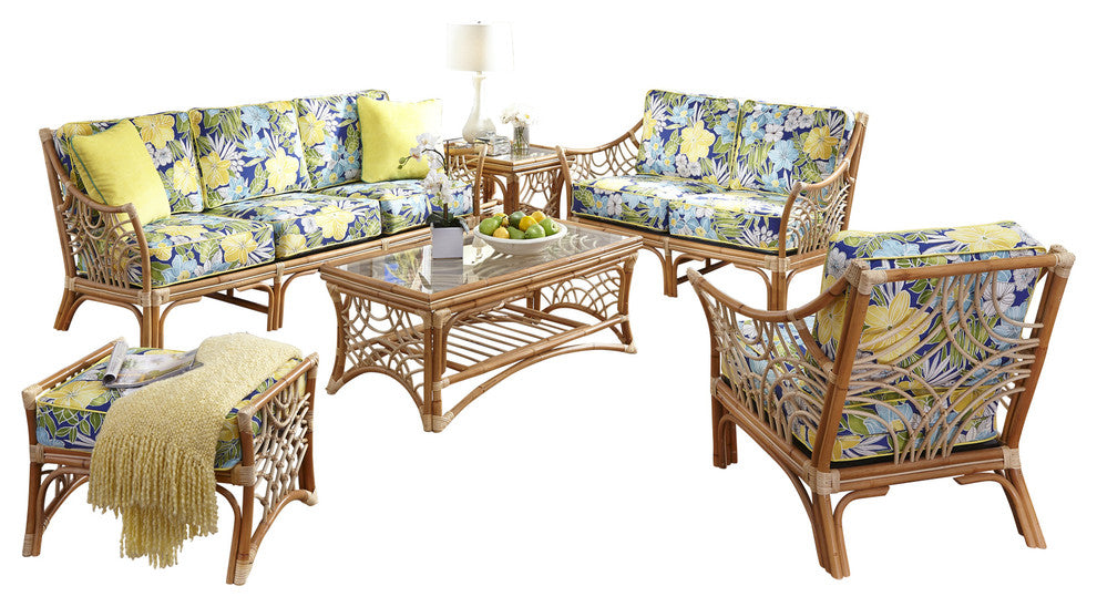 Bali 6-Piece Living Room Furniture Set, Natural, Botanical-Fern Fabric