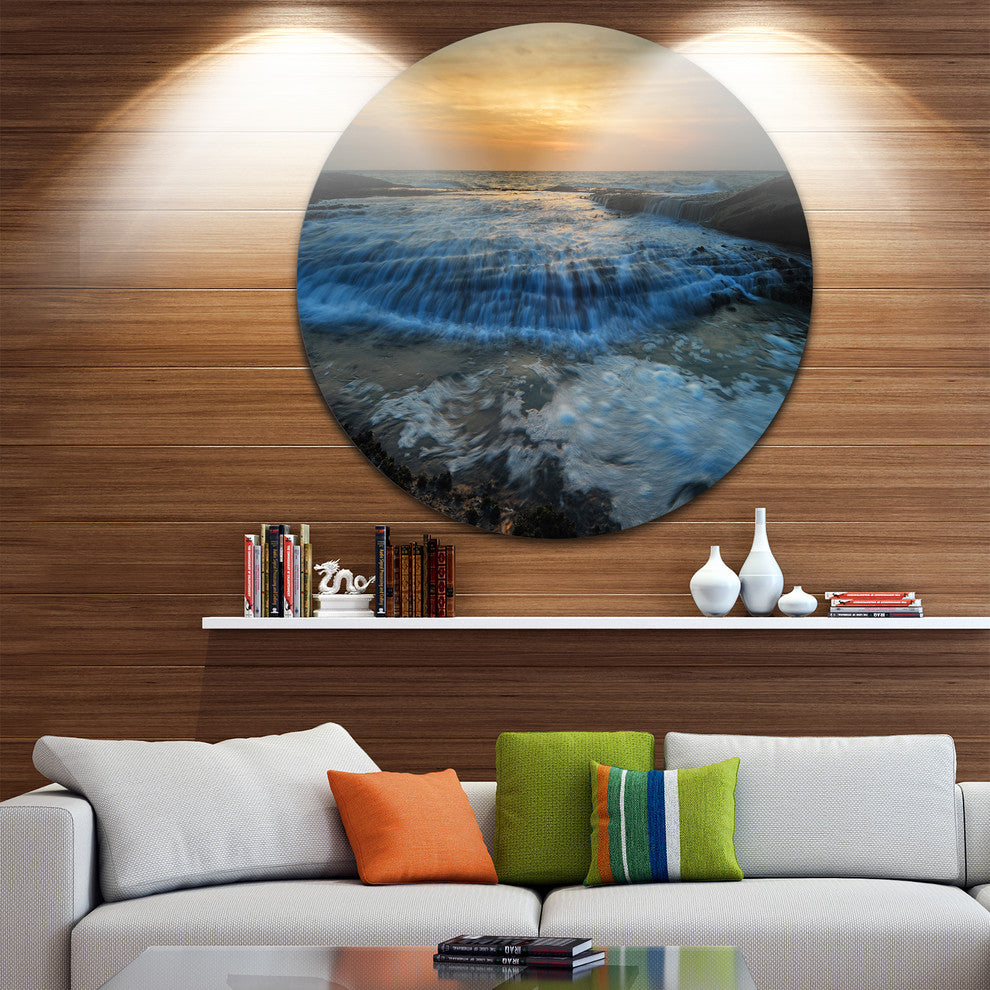 Beach With Rushing White Waves, Modern Beach Round Metal Wall Art, 36"