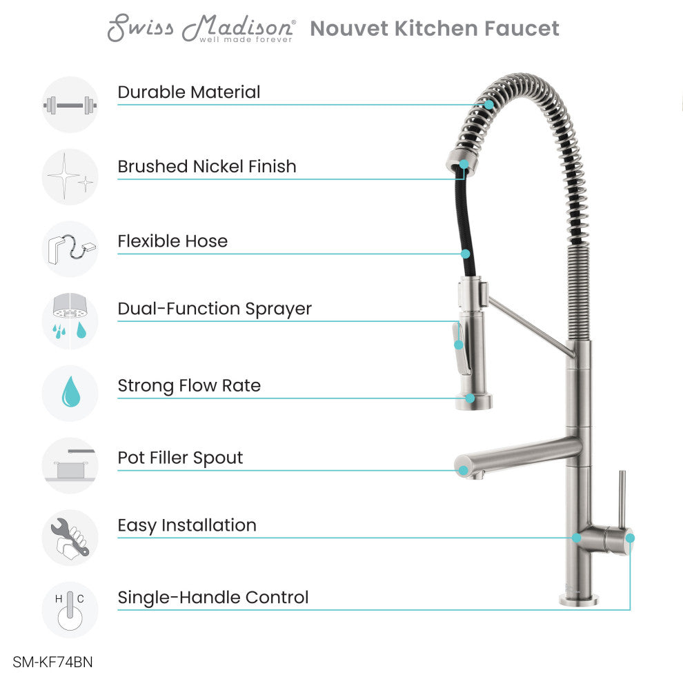 Nouvet Single Handle, Pull-Down Kitchen Faucet With Pot Filler, Brushed Nickel