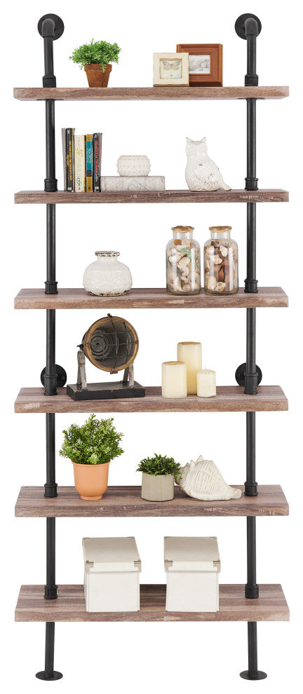 Danya B. Industrial 6-Tier Pipe Wall Shelving Unit, Distressed Wood Finish