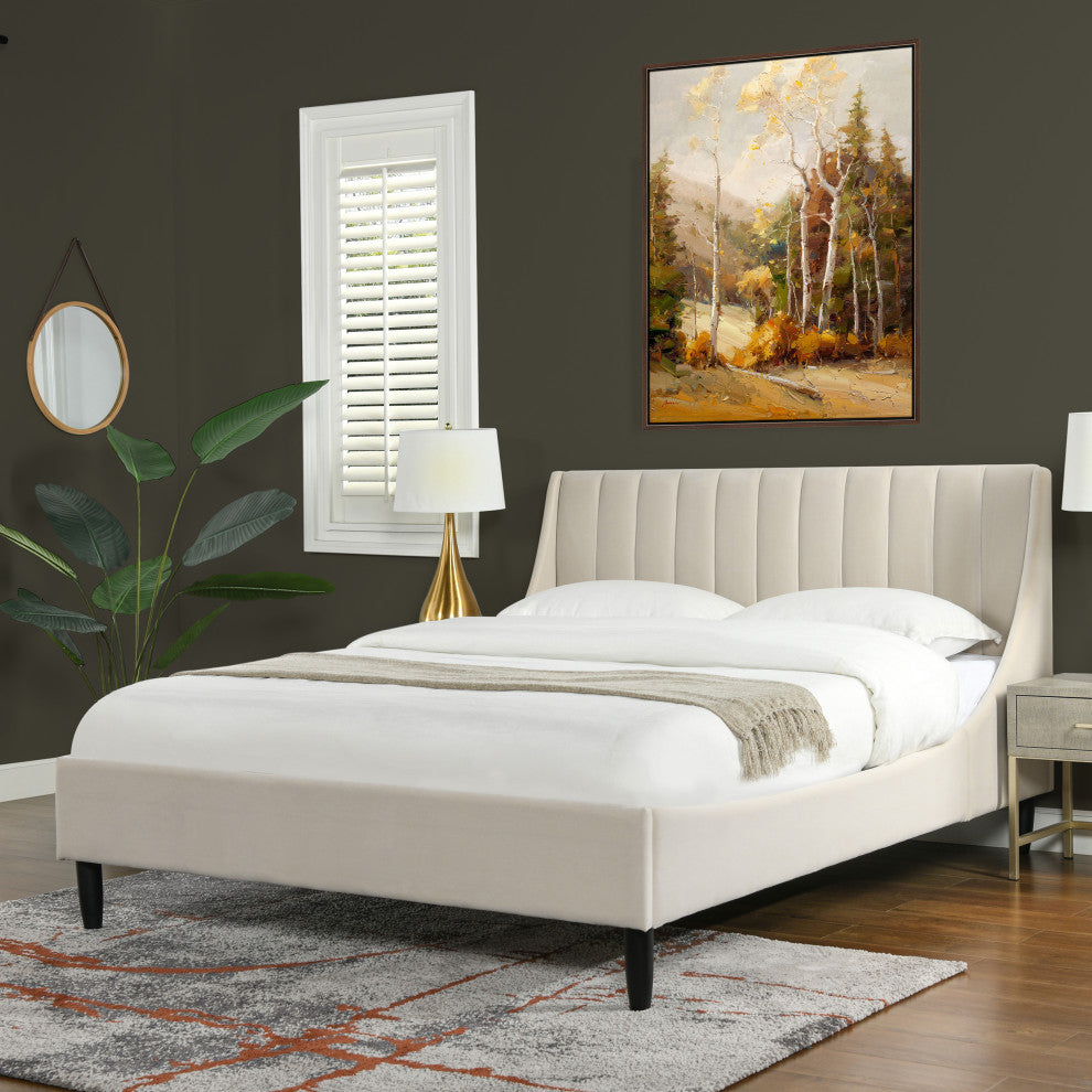 Aspen Modern Vertical Tufted Upholstered Platform Bed, French Beige Performance Velvet, Queen