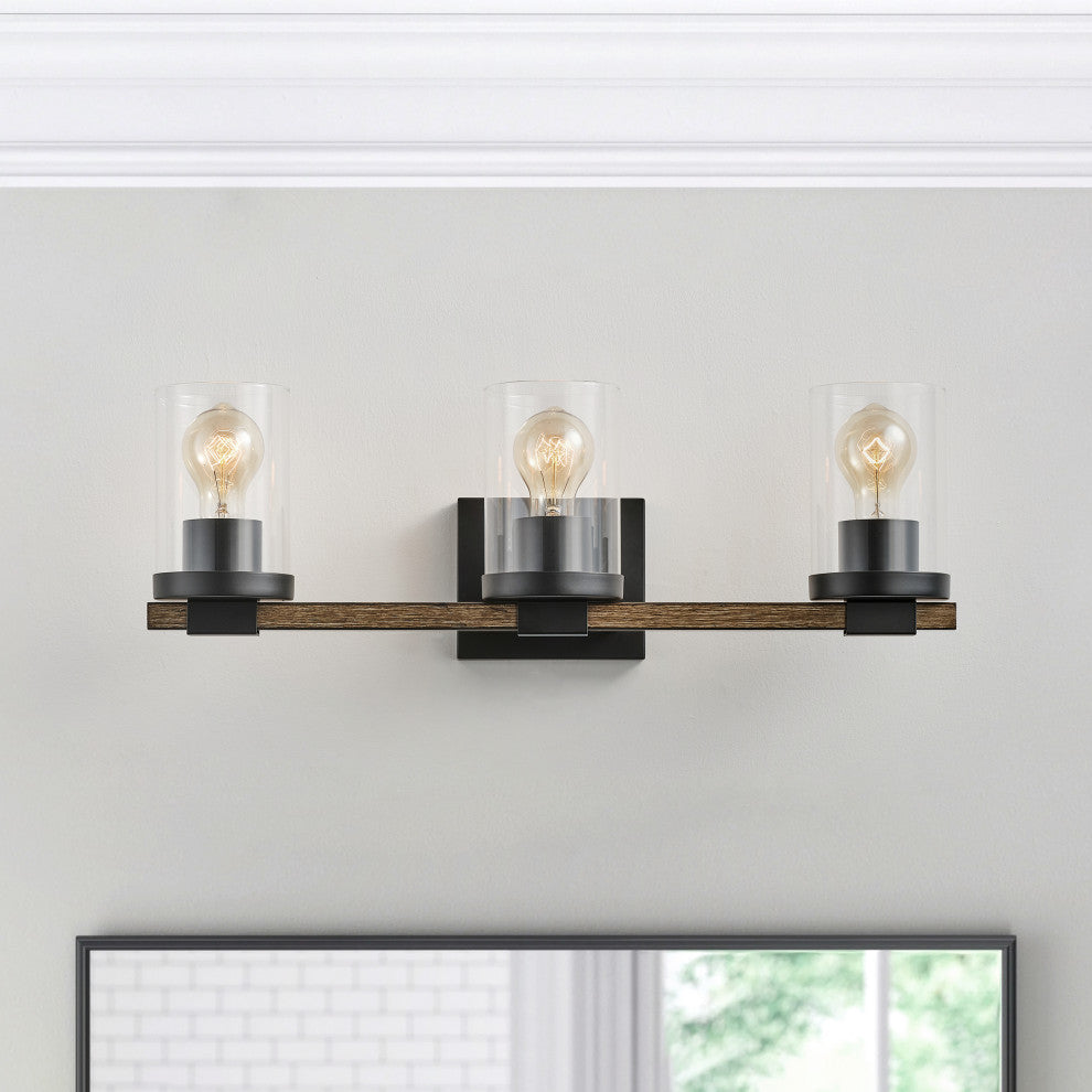 Farmhouse Black 3-Light Cylinder Clear Glass Vanity Light for Bathroom
