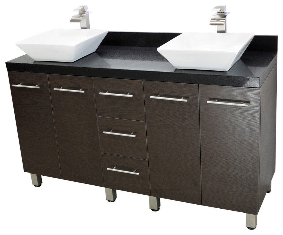Windbay 60" Free Standing Double Vanity, Brown, Black Stone Thick Countertop
