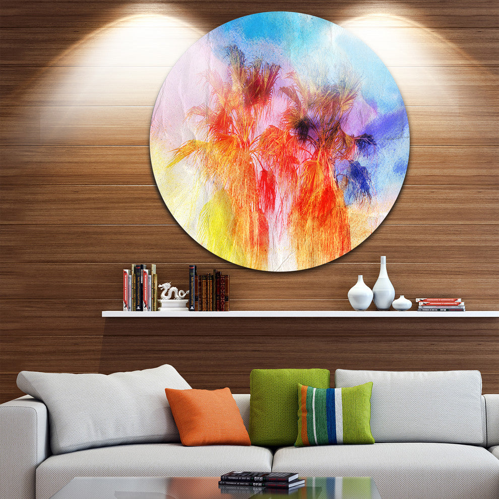 Colorful Retro Palm Trees, Landscape Painting Disc Metal Artwork, 11"
