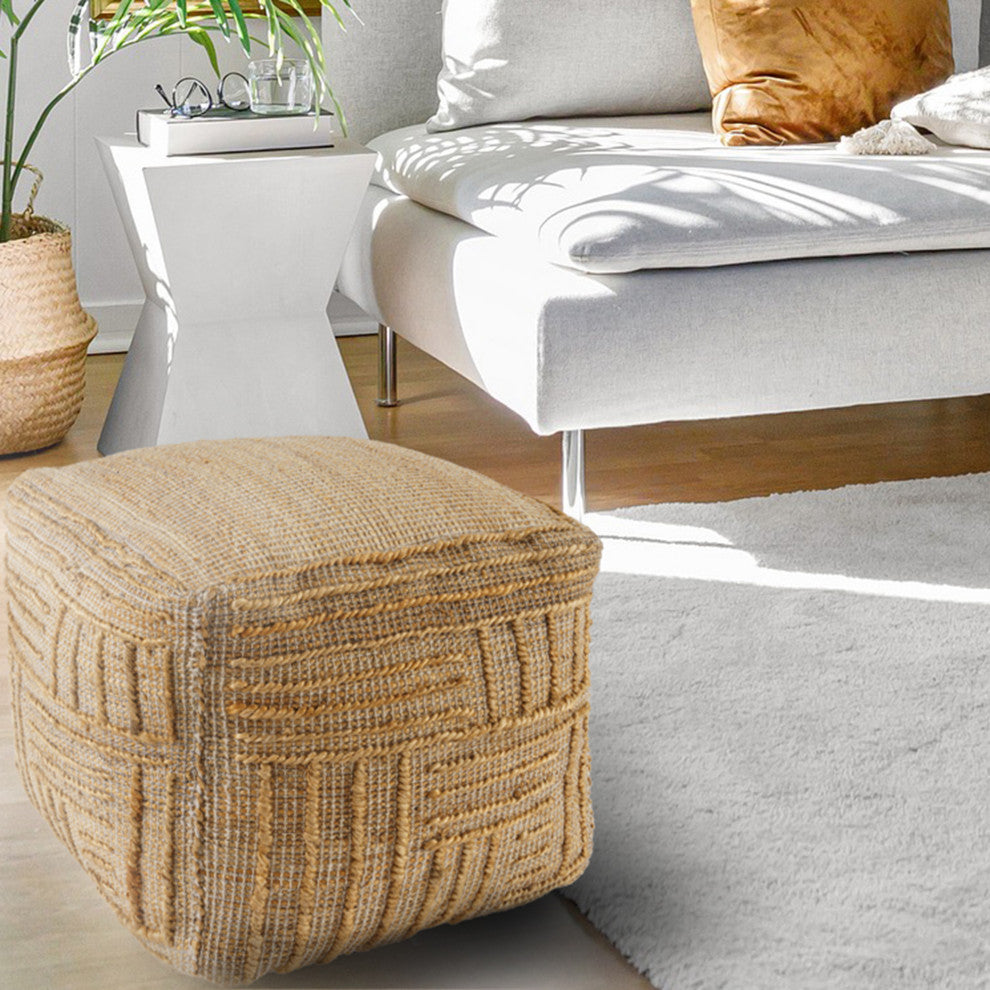 Oaks Natural Rustic Striped Handmade Jute Blend Cube Poufs,  18"x18"x18"