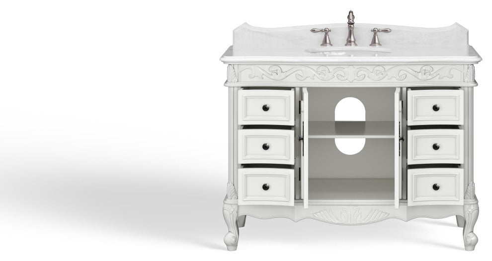 Antique White Traditional Style Single Sink Beckham Bathroom Vanity, White, 42", Single Sink, With Mirror, Freestanding