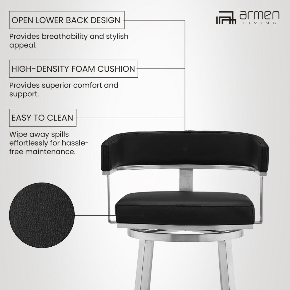 Lorin Black Faux Leather and Brushed Stainless Steel Swivel Bar Stool, 26 Inch